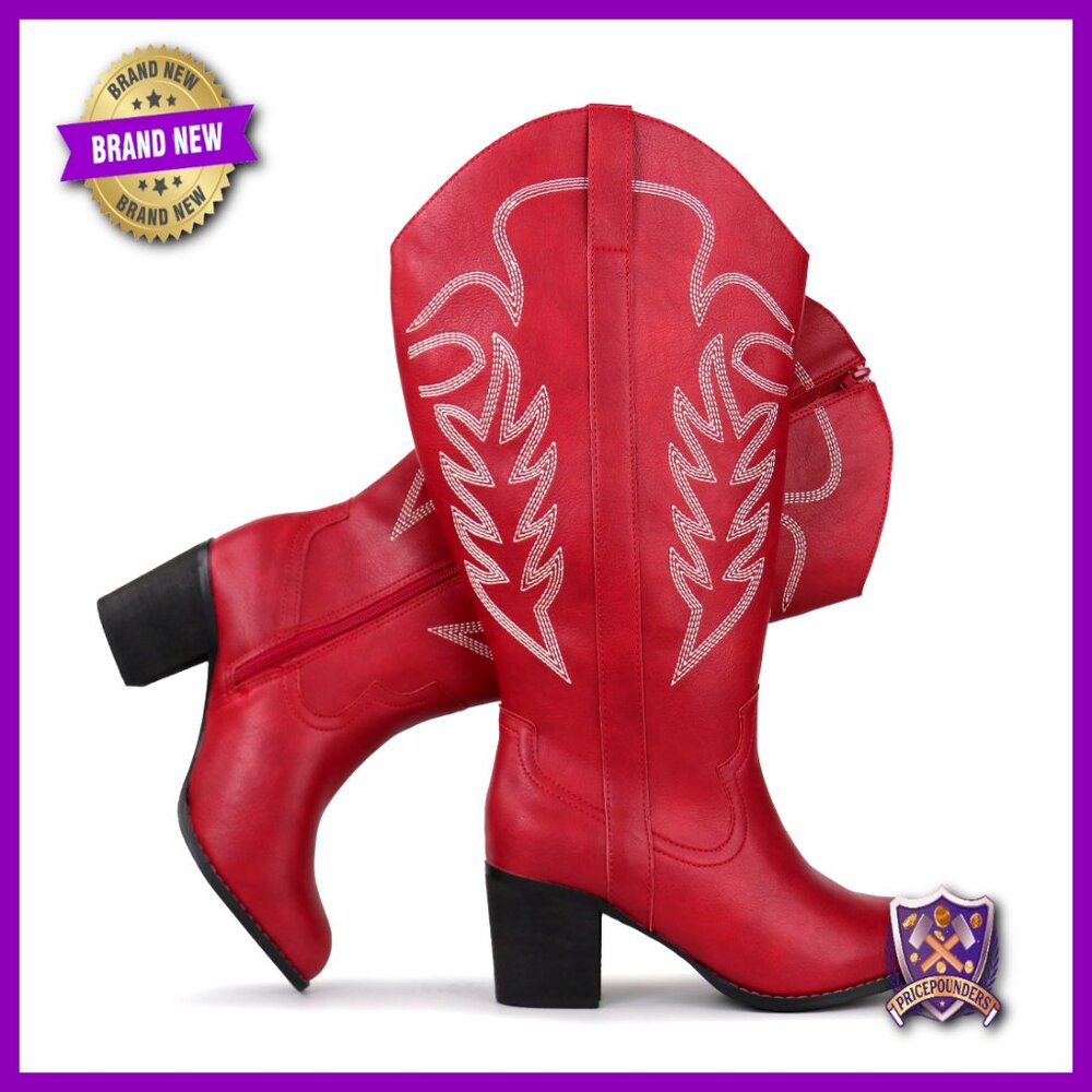 Embroidered Western Cowgirl Boots Extra Wide Calf Knee High Block Heel